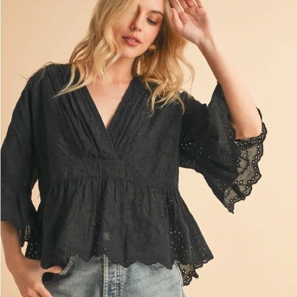 Black Ruffled Wrap Blouse with 3/4 Sleeves - Picture 8 of 9